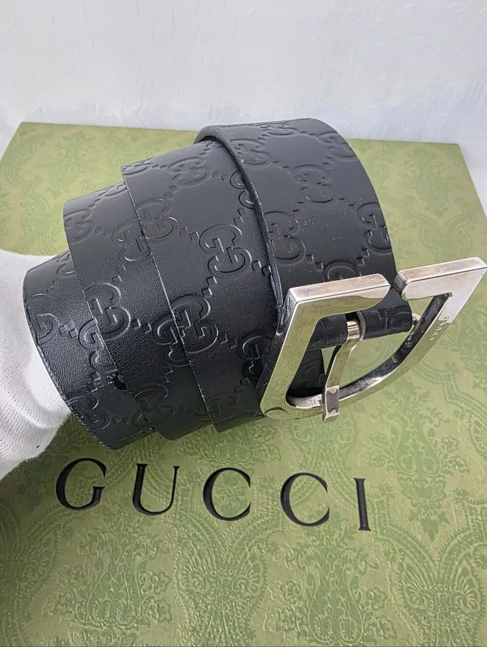 Auth Gucci Guccissima Men Black Leather Belt with Silver Buckle - Picture 3 of 12